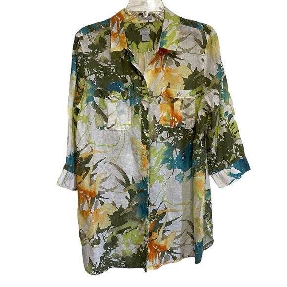 Chico's Size 12 Tropical Print Linen Button Front Blouse No Iron  3/4 Sleeves - Picture 1 of 5